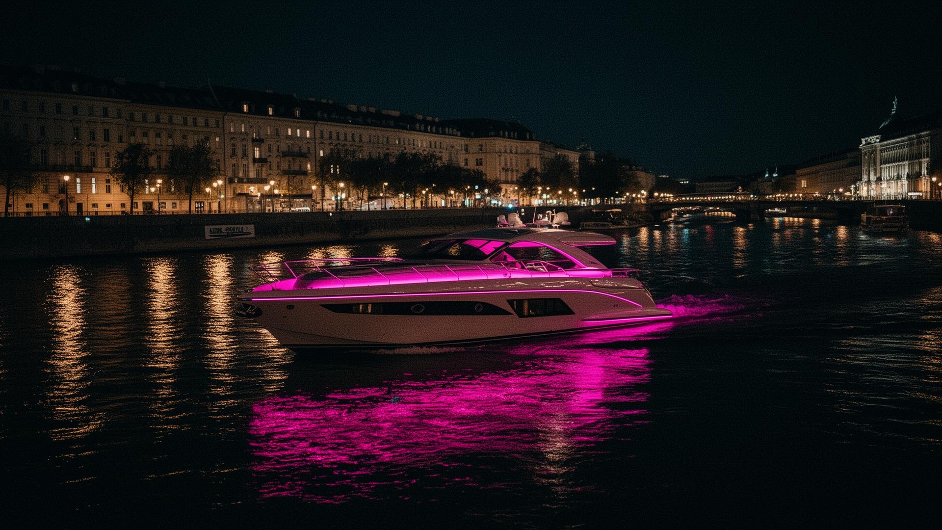 Neon-lit luxury yacht cruising the Danube at night